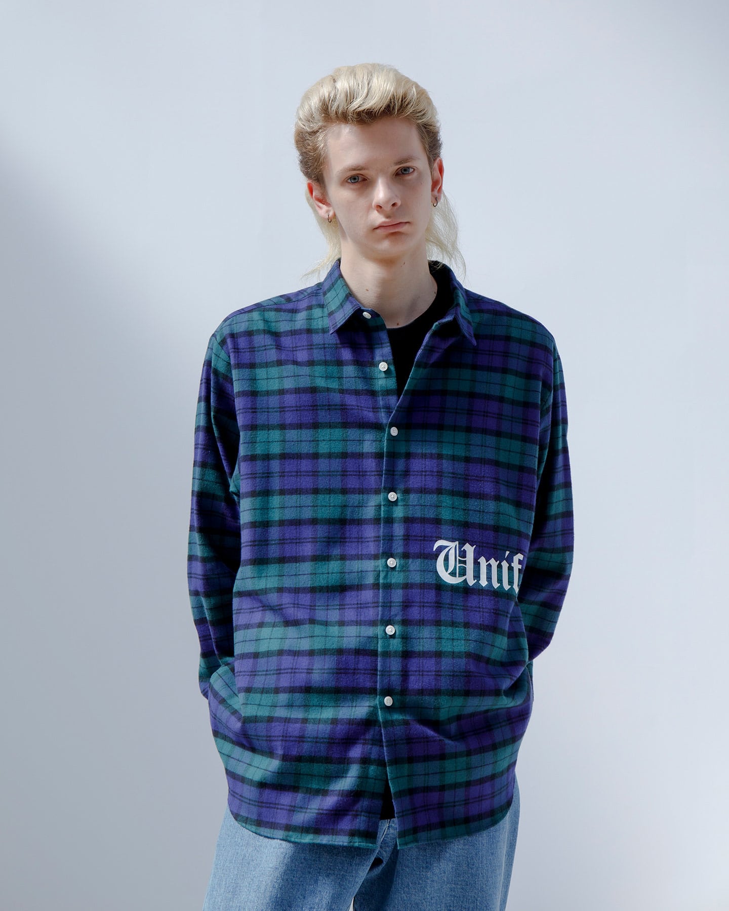 SOPH. | FLANNEL CHECK GOTHIC LOGO BAGGY SHIRT(3 GRAY):